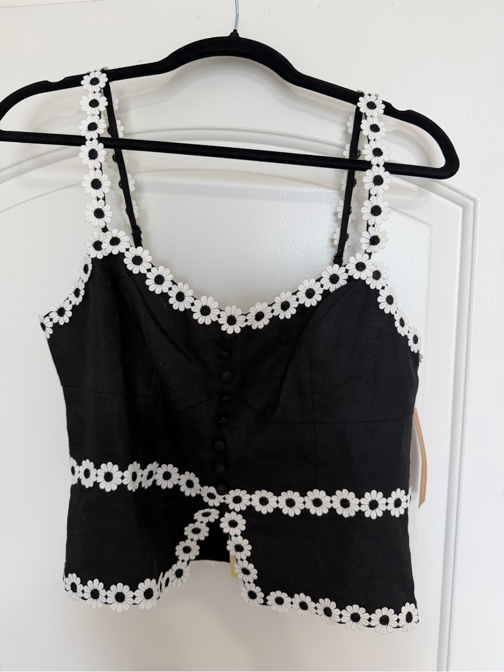 Kourt Black Floral-Trim Linen Tank